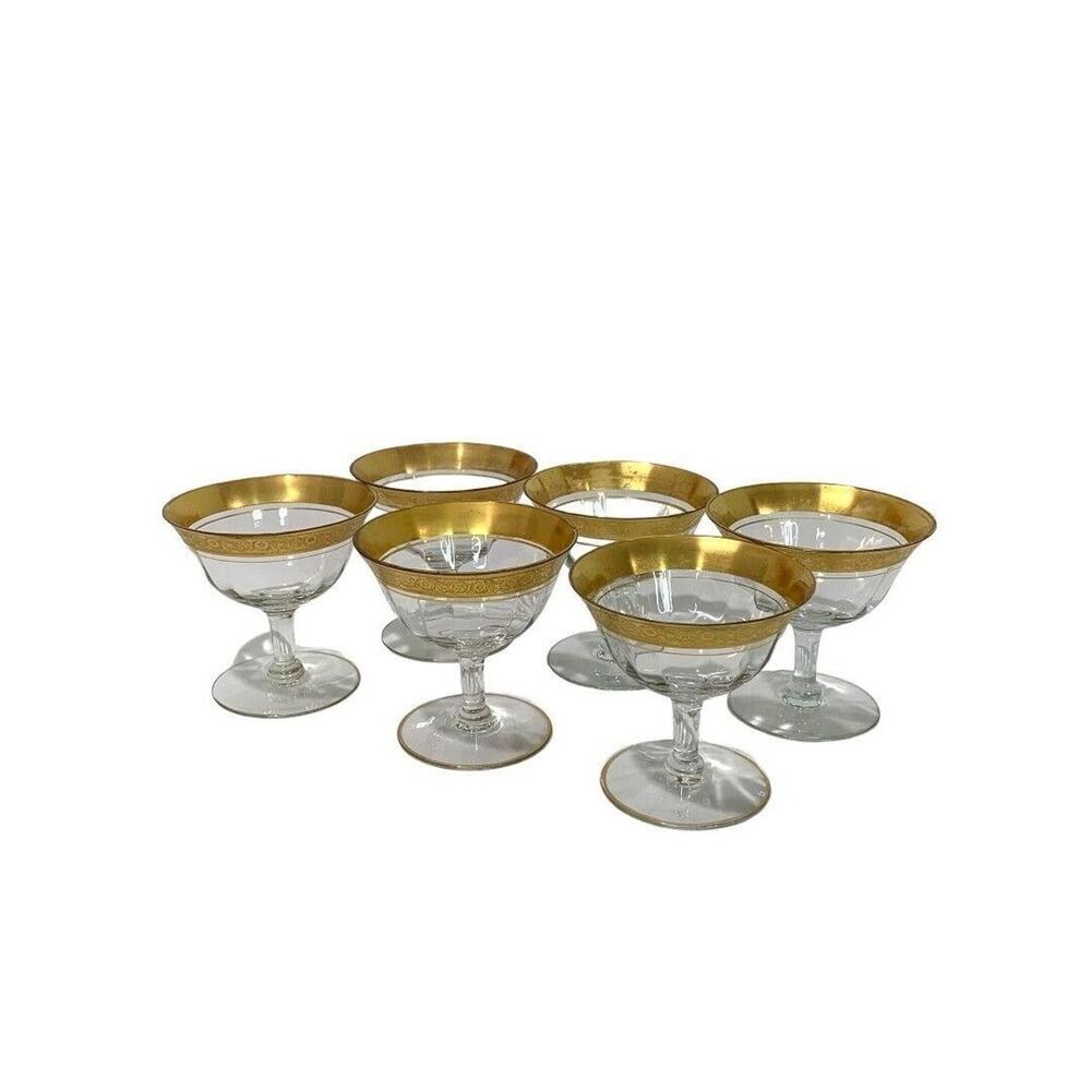 Vintage Gold Rim Floral Crystal Set of 6 Low Sherbet Glasses 3.75" h Stemmed - Picture 1 of 7